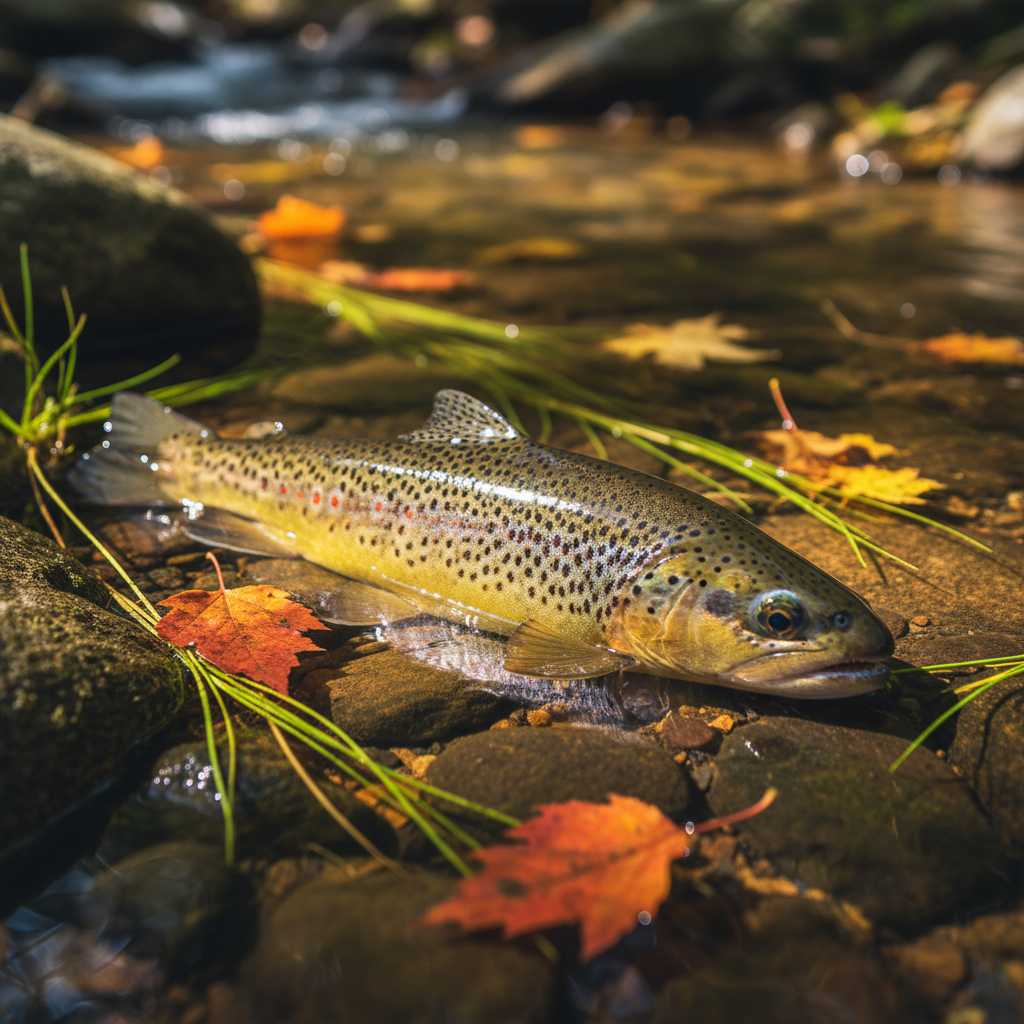 A close-up of a plump, speckled brown trout nestled among smooth, mossy river stones in shallow water, its scales gleaming with iridescent shades of gold, green, and rose. The trout is surrounded by swaying strands of green aquatic plants and a few vibrantly colored autumn leaves floating on the surface. The lighting consists of dappled sunlight filtering through overhanging tree branches, creating dynamic spots of brightness and warm reflections. Shot from a low eye-level perspective, the composition uses a shallow depth of field to keep the trout in sharp focus, adding a playful yet photorealistic touch that captures the wonder of aquatic rural life.