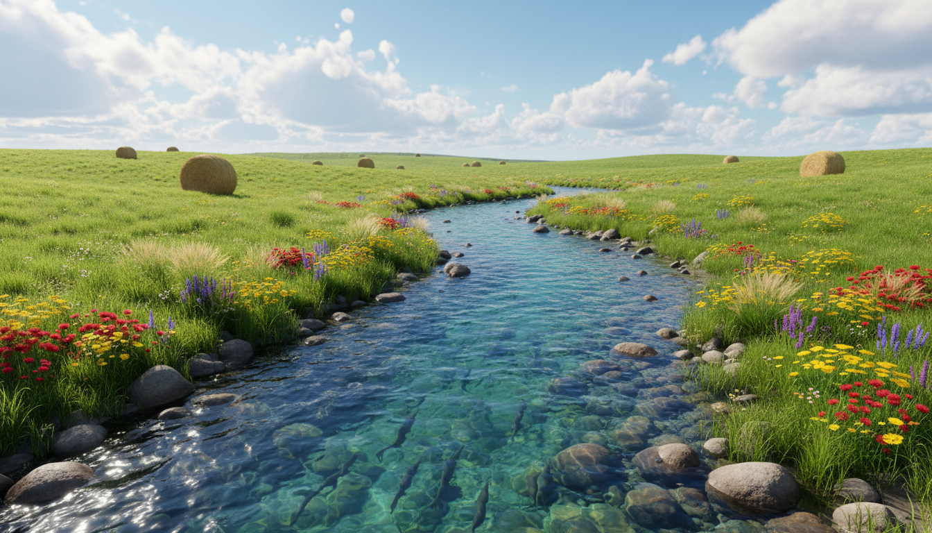 A vibrantly colored, crystal-clear trout stream gently meandering through lush green pastures, with smooth river rocks visible underwater and clusters of bright wildflowers bordering the banks. Wispy grasses gently bend toward the water, contrasting with cartoonish, round hay bales in a distant field. The composition is captured from a slightly elevated angle, with the sunlight sparkling on the water’s surface and casting lively, whimsical highlights across the landscape. The atmosphere feels playful and energetic, with bold blue skies and fluffy clouds adding to the cheerful setting. Photographic realism blends with rounded, whimsical forms for a lively, inviting depiction that celebrates the farm and river connection.